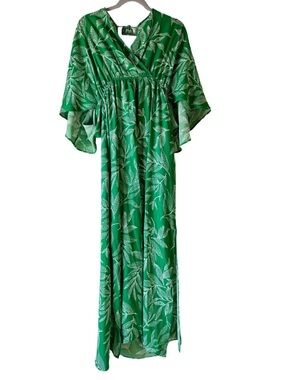 Green & White Leaf Print Easel Surplus Bodice Empire Maxi Dress M EUC